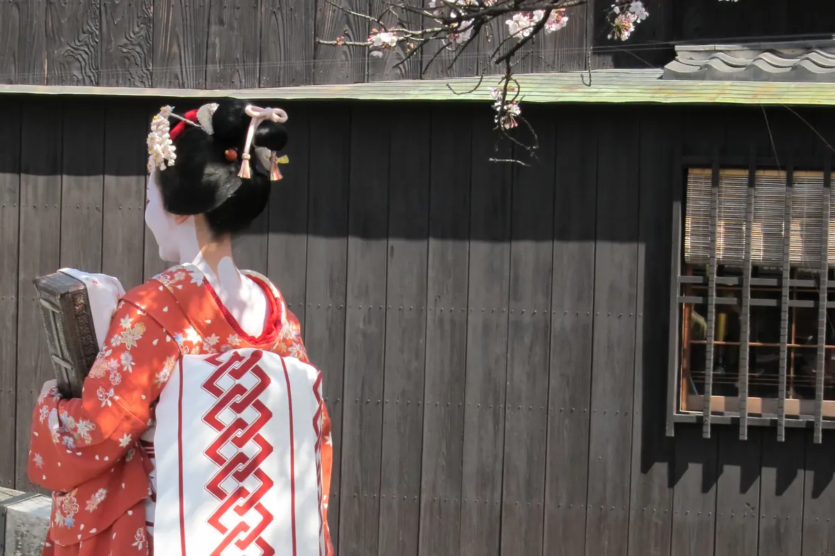 Žena oblečená jako maiko, viděná zezadu v oranžovém květinovém kimonu a dlouhém bílém obi, vedle dřevěného zábradlí mostu v Gionu